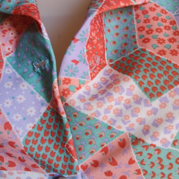 Vtg Large 1970's Blouse Polyester Granny Patchwork Print Short Sleeve Handmade - Picture 4 of 8